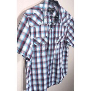 Cody‎ James Short Sleeve Shirt Mens XL Blue Red Plaid Pearl Snap Western Rodeo